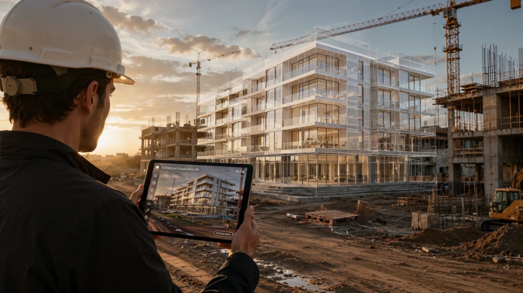 Architect visualizing a future residential building at full scale on a construction site using augmented reality technology.