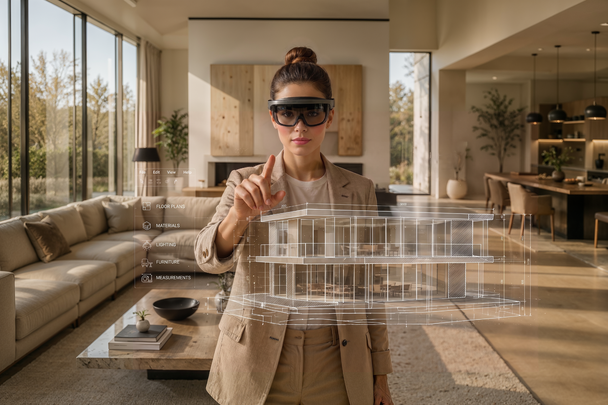 Architect using augmented reality glasses to interact with a virtual architectural model inside a contemporary residential environment.