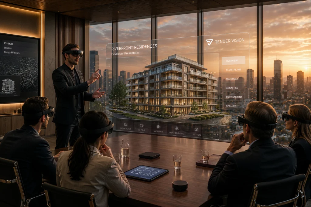 Real estate developers and investors reviewing a residential project through augmented reality glasses during a collaborative design presentation.
