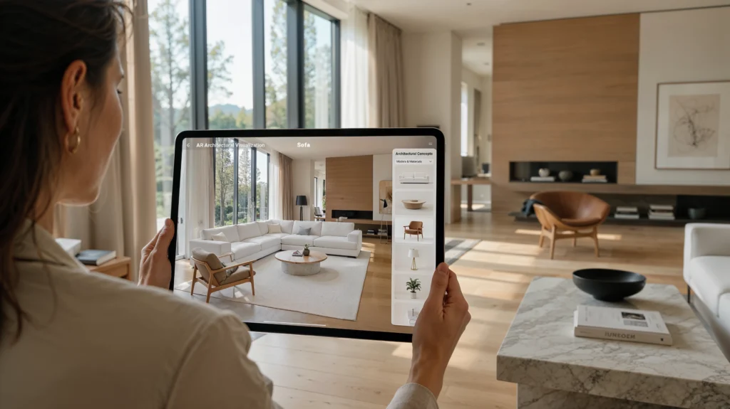 Interior designer testing furniture placement and room layouts with an augmented reality application in a luxury living room.