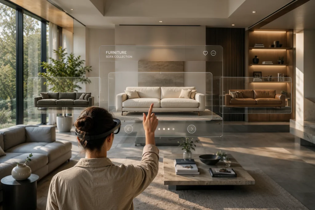 User comparing multiple sofa designs in real scale using augmented reality technology inside a luxury interior.