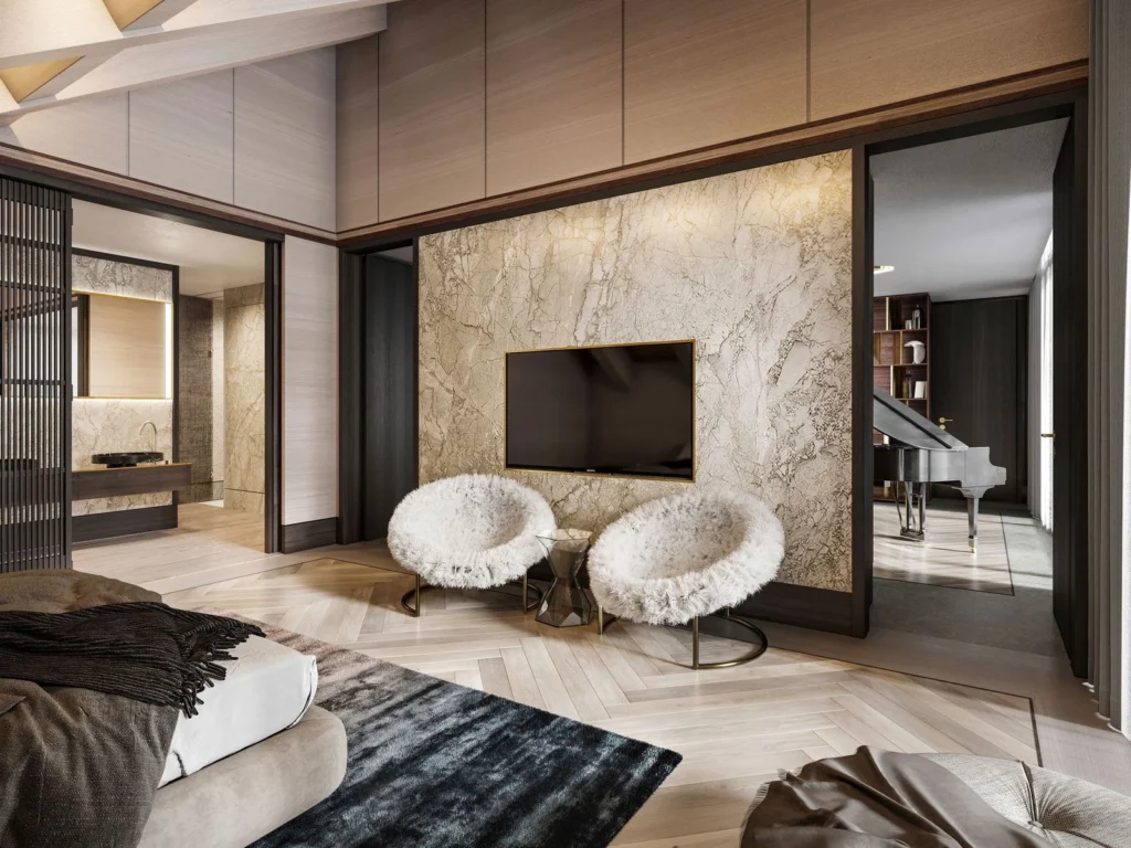 Exclusive penthouse suite featuring marble finishes, designer furniture, and sophisticated hospitality interiors.
