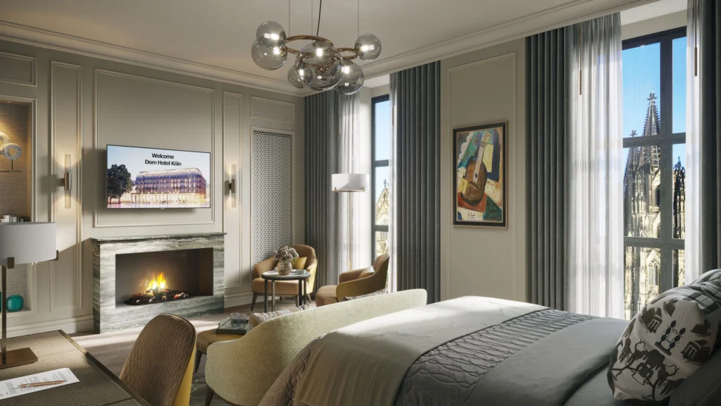 Luxury hotel room combining elegant furniture, premium finishes, and panoramic views for an exceptional guest experience.