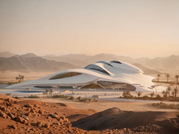 3D rendering Saudi Arabia futuristic pavilion in desert landscape