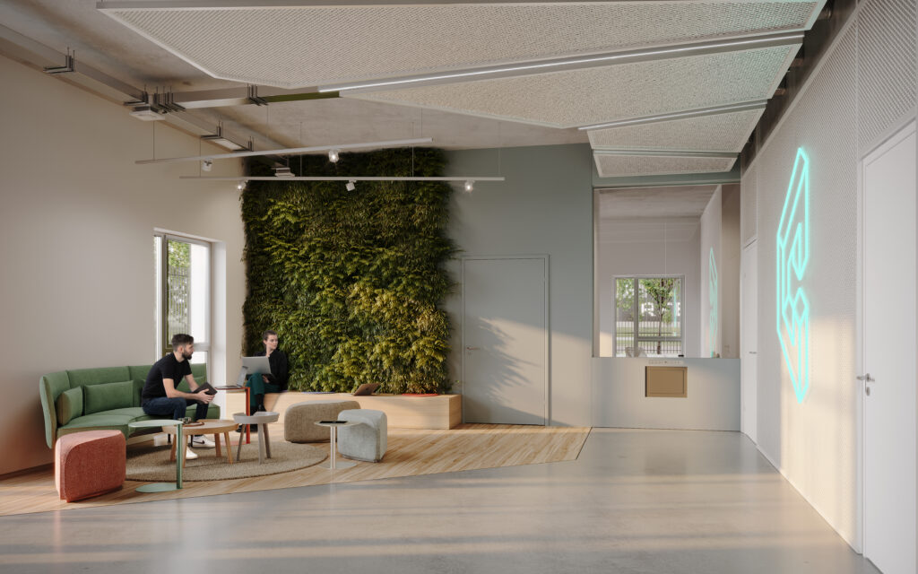 Modern data center office reception area with seating, desks, glass walls, and indoor greenery