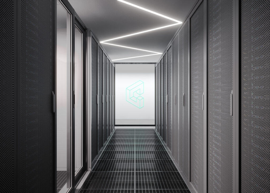 Data center server room corridor with rows of enclosed server racks and overhead lighting