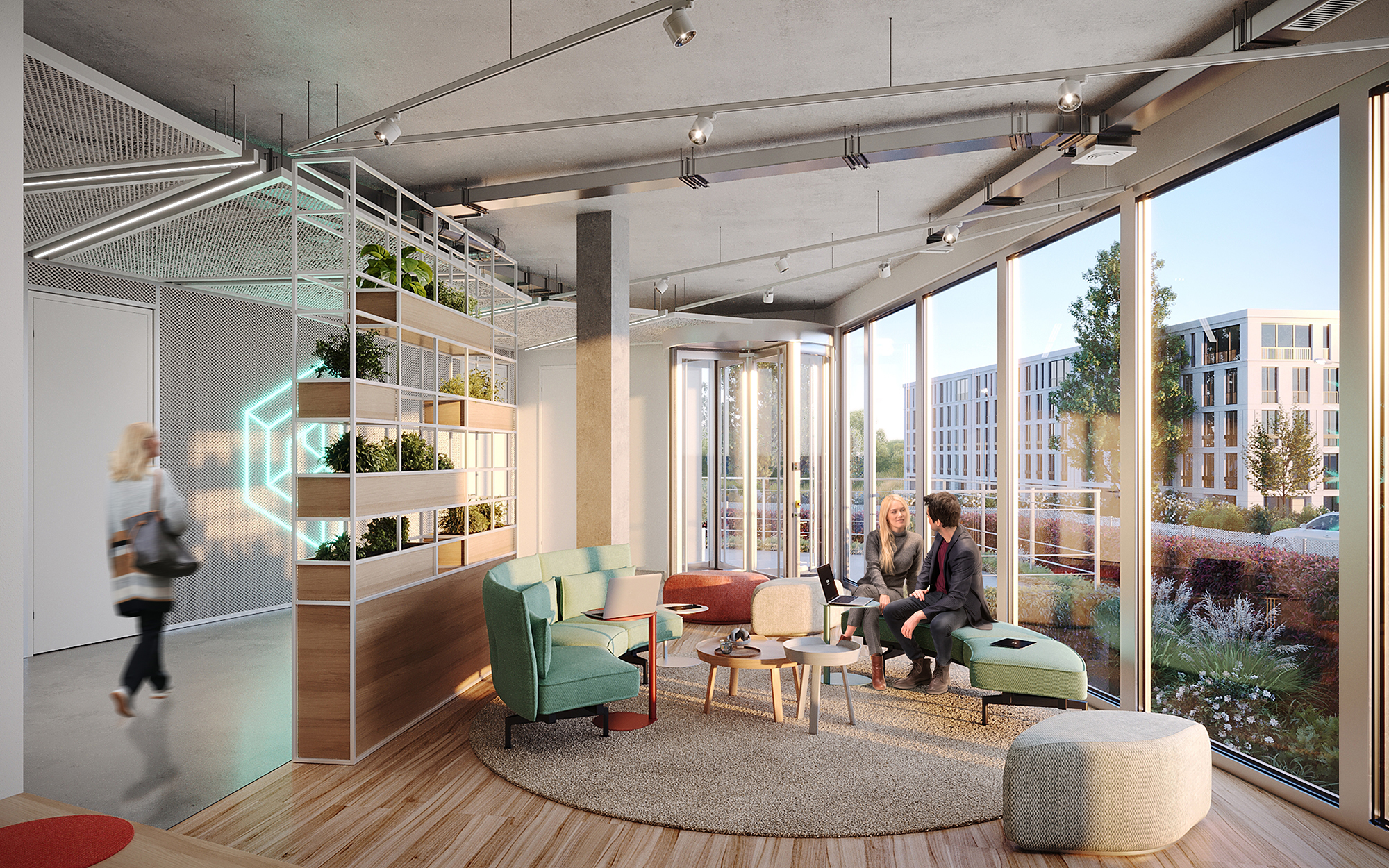 Modern data center office interior with an open-plan workspace, glass walls, desks, and employees.