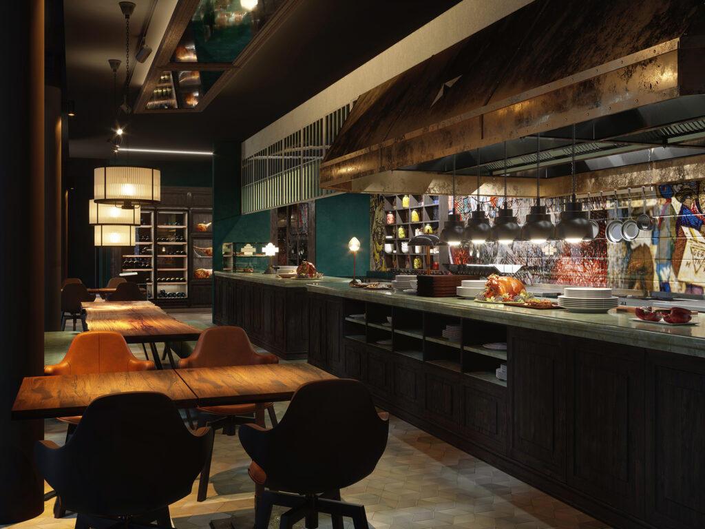Photorealistic restaurant bar rendering featuring a sophisticated dark interior, illuminated bar shelving, and contemporary dining furniture.