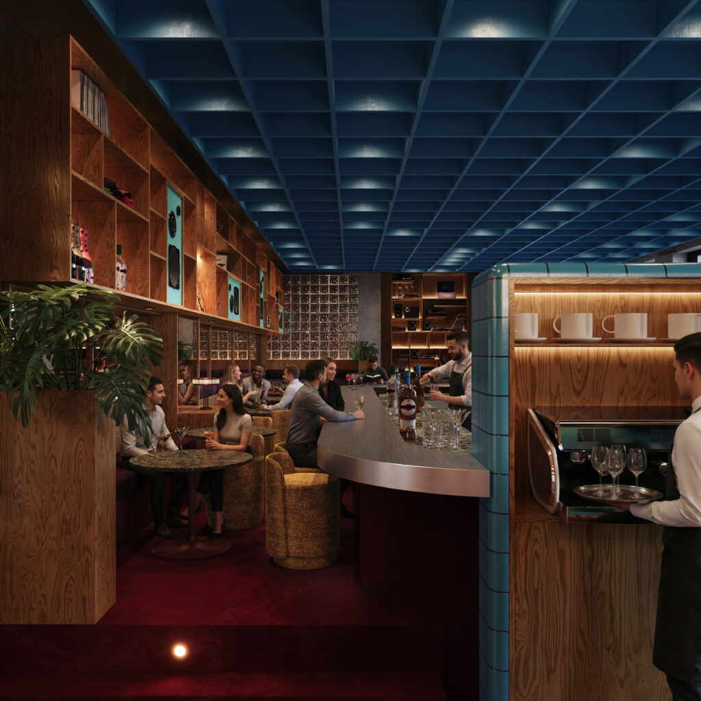 Photorealistic restaurant bar rendering featuring a warm modern interior with a fully stocked bar, dining tables, pendant lighting, and contemporary furnishings.