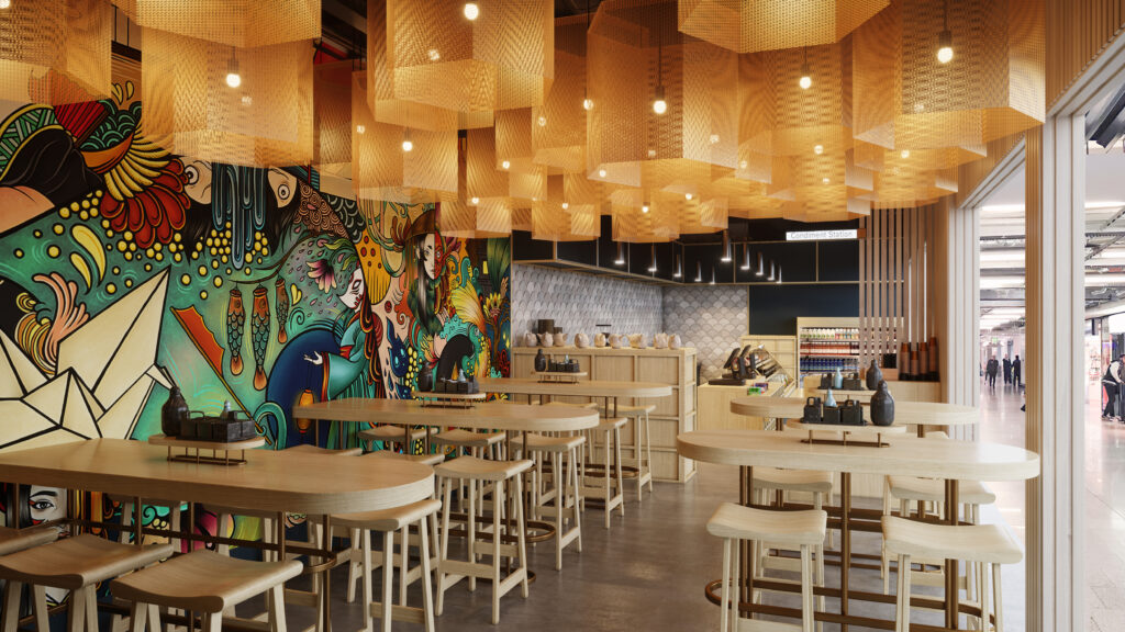 Photorealistic restaurant bar rendering featuring a colorful contemporary interior, bar seating, artwork, and warm wood finishes.