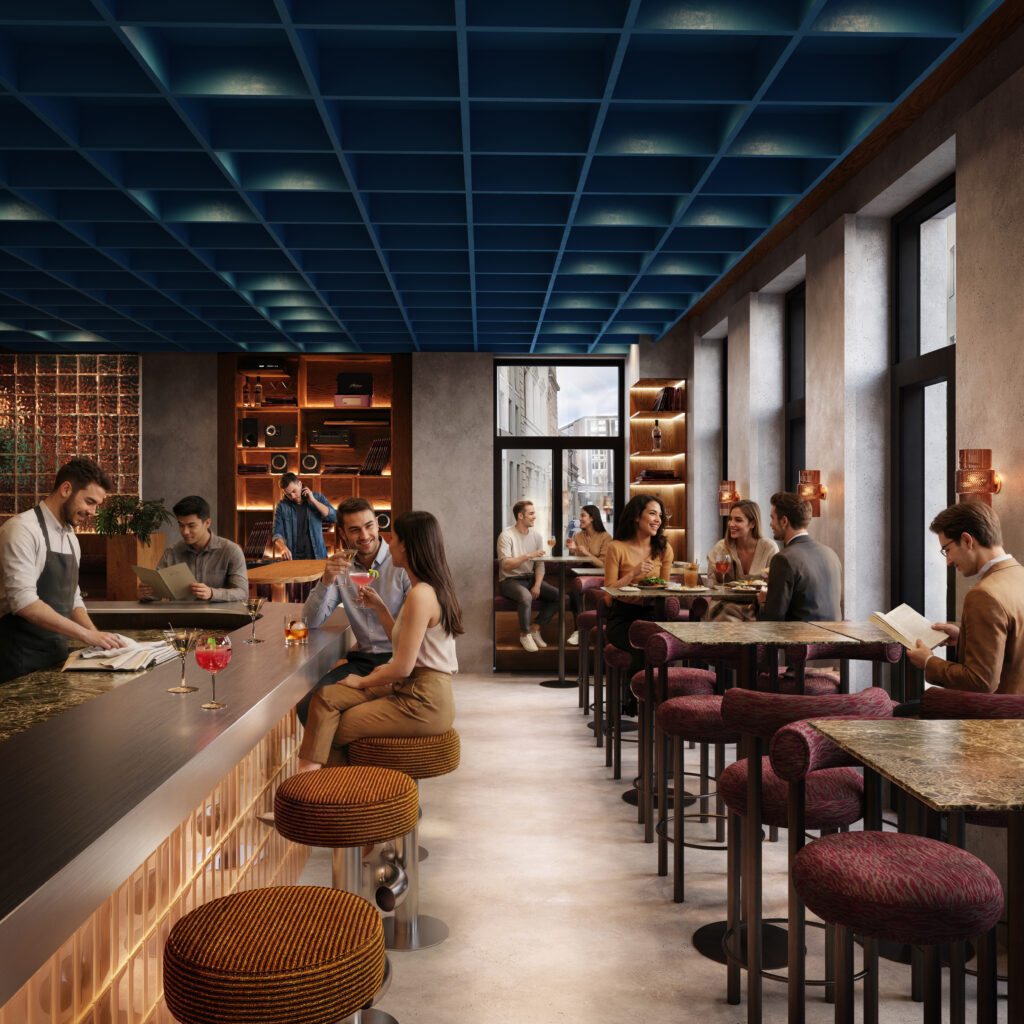 Photorealistic restaurant bar rendering showing a contemporary dining interior with bar seating, tables, and warm architectural details.