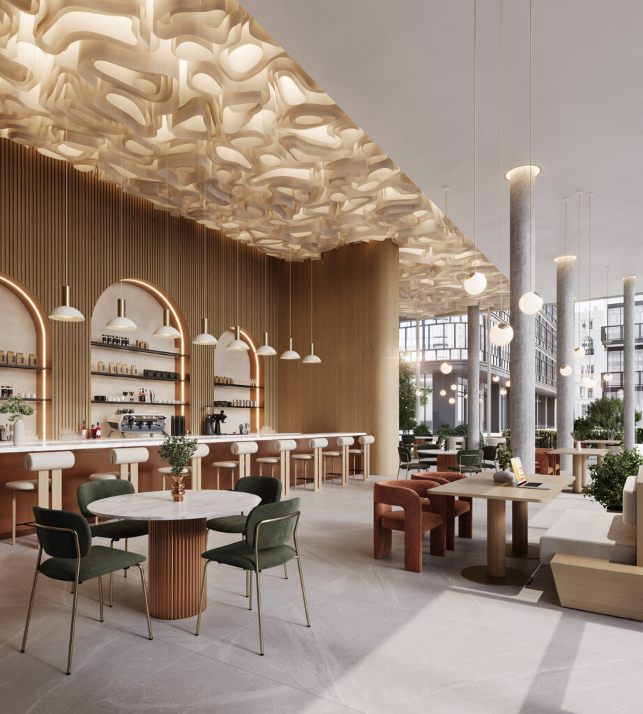 Photorealistic restaurant concept rendering showing an elegant upscale dining interior with sculptural ceiling details and contemporary furniture.