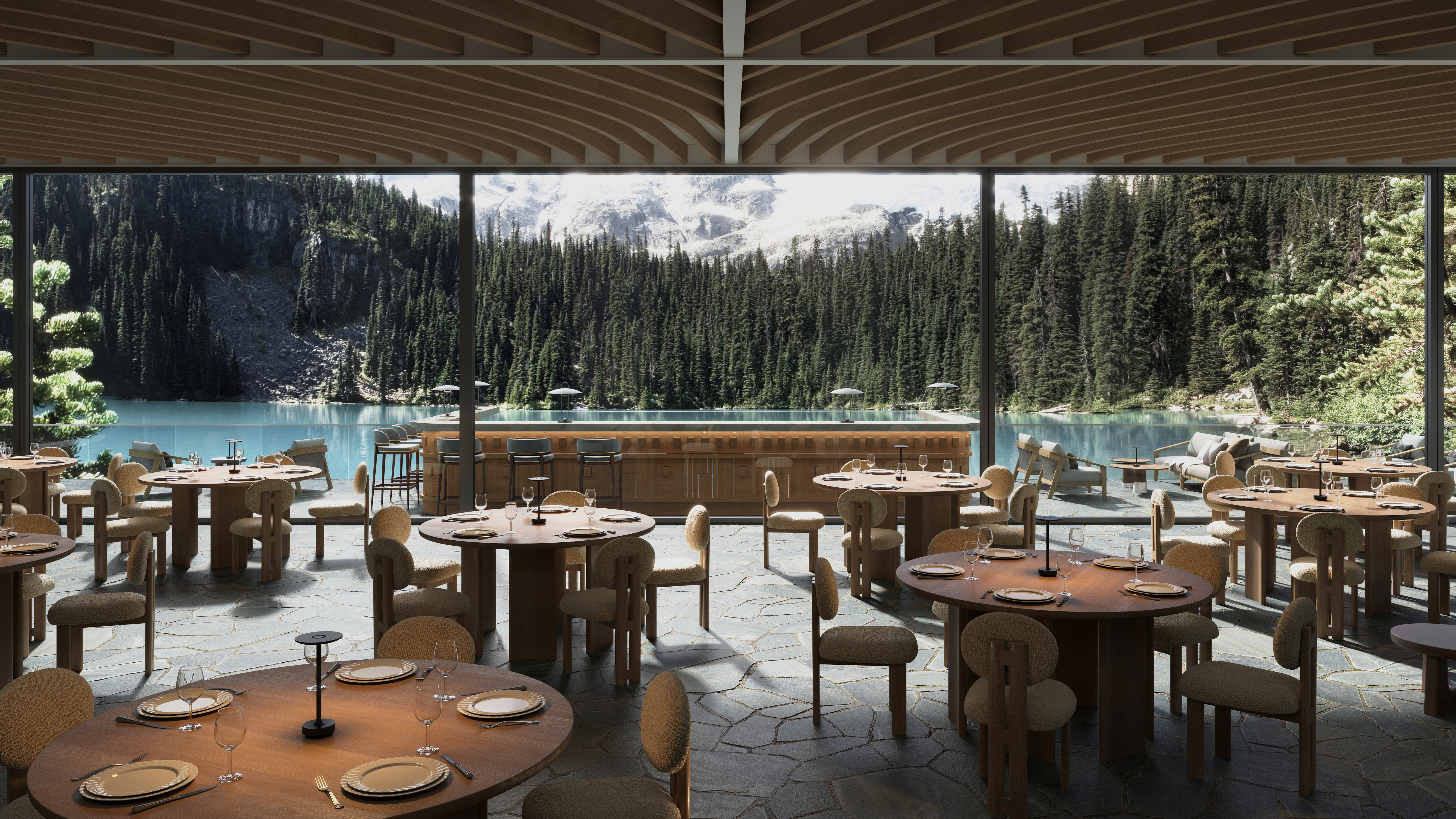 Photorealistic restaurant concept rendering featuring a stylish dining area with large windows, greenery, and terrace seating.